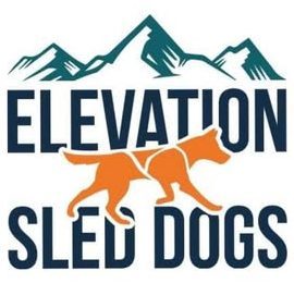 Logo with mountains, orange sled dog, and text 'Elevation Sled Dogs'.
