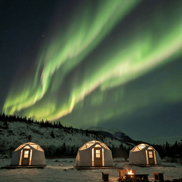 Northern lights over dome tents in snowy landscape at night.